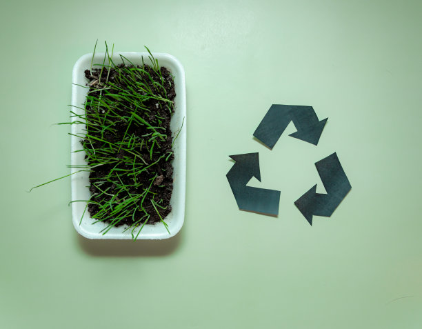 绿草为猫和回收符号的绿色背景。生态，自然保护，园艺，种植图片下载