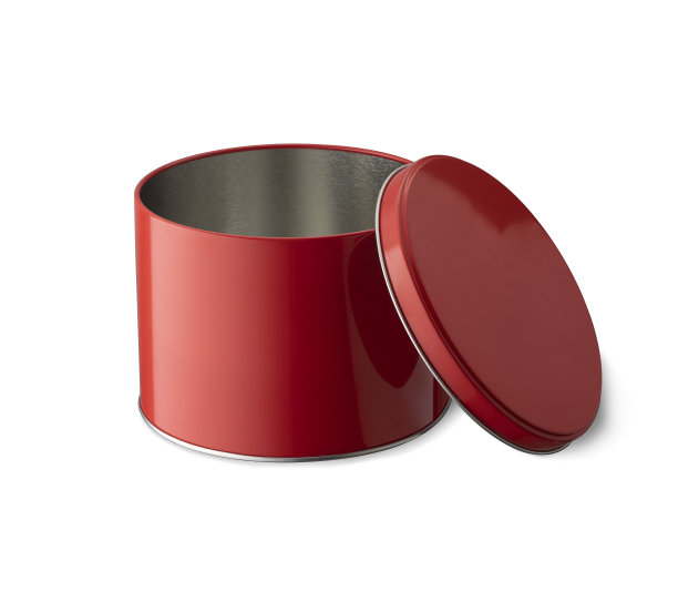 圆形有光泽的红色锡罐，盖子隔离在白色上。图片下载