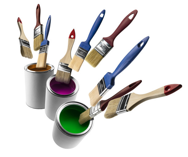 在白色背景上画罐子和悬浮的刷子图片下载