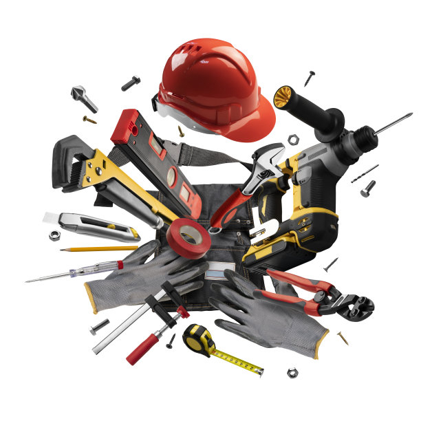施工工具悬浮在白色背景上图片下载