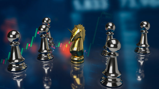 金独角兽国际象棋在商业背景3d渲染图片下载