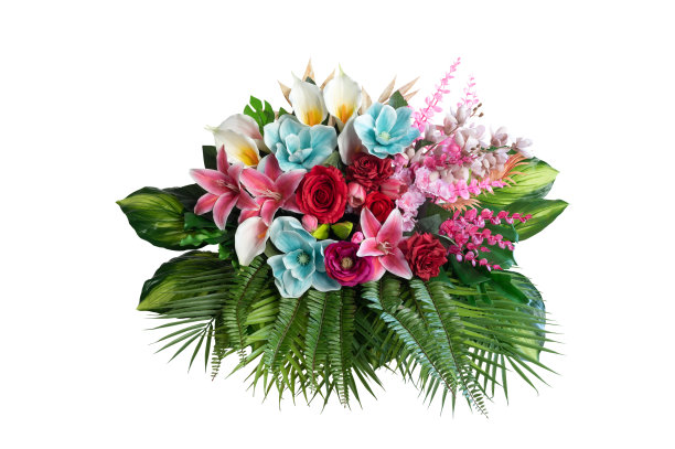 百合和玫瑰与叶子孤立在白色背景。美丽的花束。创意概念春花，剪枝路径包括。图片下载