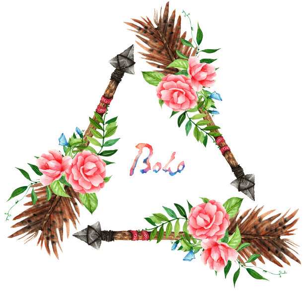 放荡不羁的风格箭头。手画水彩。孤立在白色的。嬉皮的设计元素。用鲜花装饰图片下载