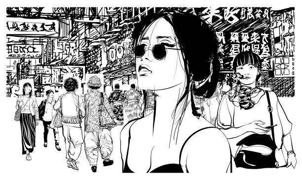 想象的日本城市景观，人们在街上图片下载