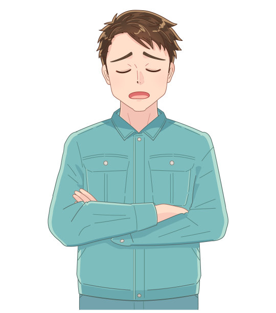 穿着绿色工作服的年轻人表现出了这种表情。图片下载