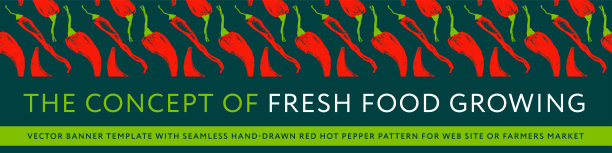 天然食品越来越多。向量旗帜模板。无缝红辣椒手绘图案。图片下载