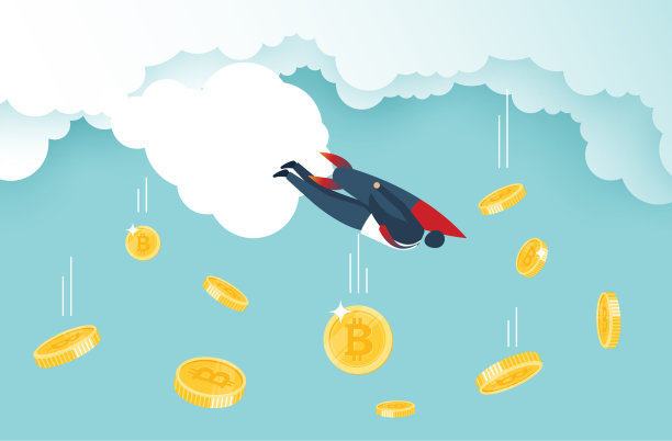 比特币下跌，他下跌的比特币率与火箭飞下来的比特币在天空中。加密货币价格的下跌给投资者造成了巨大的损失概念。矢量设计图片下载