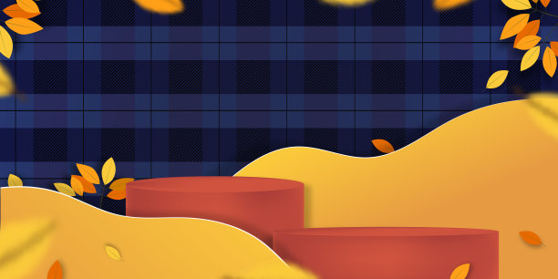 秋季背景与讲台展示圆柱站在工作室与枫叶在格子，格子图案墙，向量3D展示与树叶在框架秋季销售产品介绍图片下载