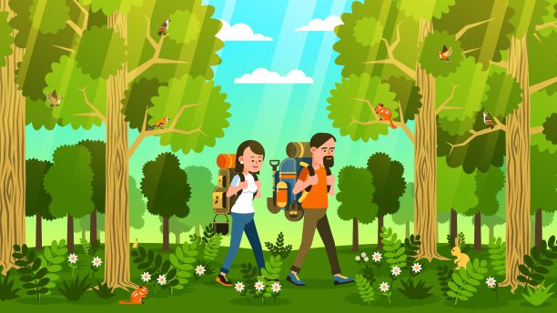 几个背包游客穿过绿色的森林图片下载