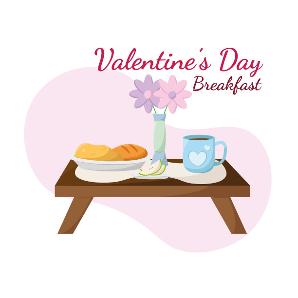 一个浪漫的早餐和鲜花情人节矢量孤立的桌子图片下载