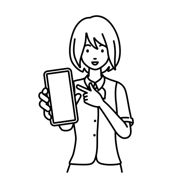 一个穿着文书制服的女人微笑着推荐、求婚、展示和指着智能手机的模拟屏幕图片下载