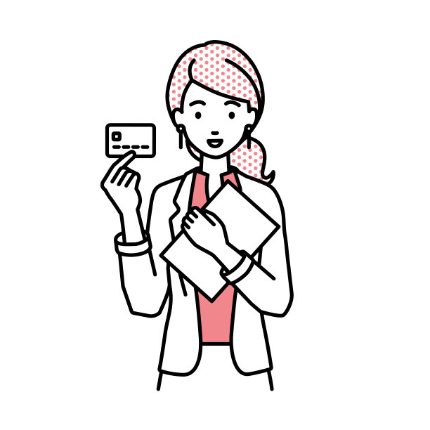 一个穿着工作服的女人拿着一张信用卡和一台装有文件的笔记本电脑图片下载