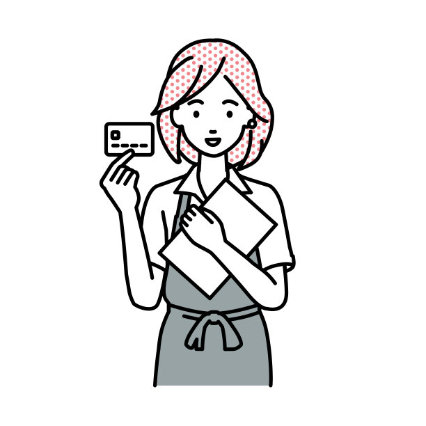 一个站在咖啡馆围裙上的女人拿着信用卡和一个文件笔记本电脑图片下载