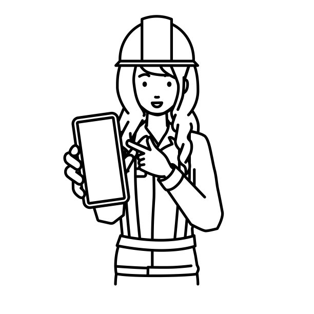 在建筑工地上工作的女性微笑着介绍、求婚、展示、指指智能手机的实物屏幕图片下载