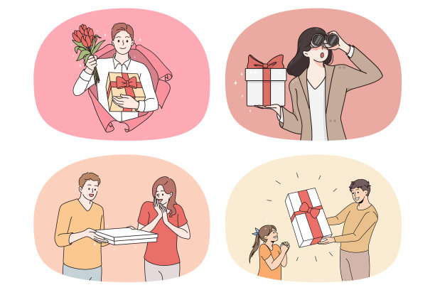 一组微笑的人们用礼物问候图片下载