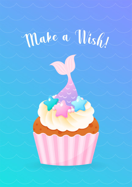 让一个愿望!印有美人鱼小蛋糕的生日贺卡。图片下载