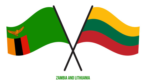 赞比亚和立陶宛国旗交叉，平飘风格。官方的比例。正确的颜色。图片下载