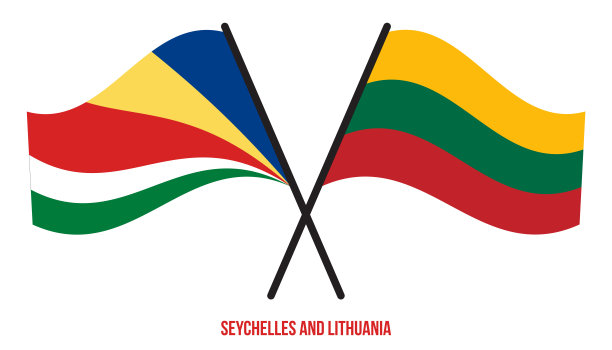 塞舌尔和立陶宛国旗交叉飘扬。官方的比例。正确的颜色。图片下载