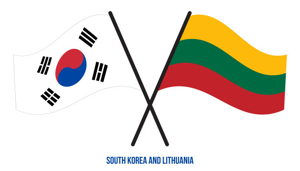 韩国和立陶宛国旗交叉，平飘风格。官方的比例。正确的颜色。图片下载