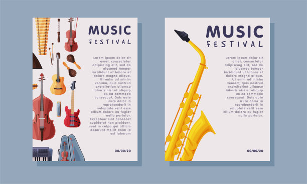 现场音乐节传单或横幅与吉他和萨克斯管向量集图片下载