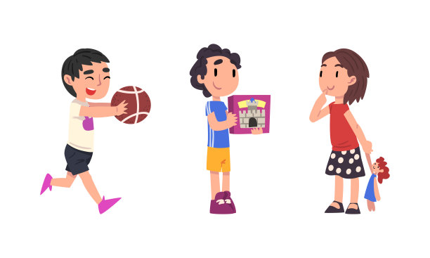 小男孩和女孩抱着最喜欢的玩具娃娃和球向量集图片下载