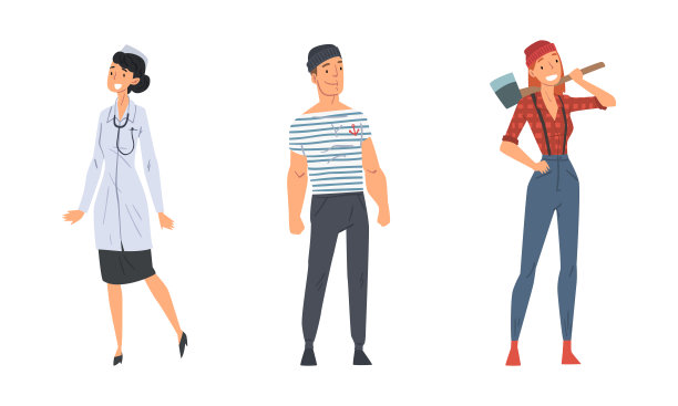 女子伐木工人在格子衬衫和男子海员在条纹运动衫向量集图片下载