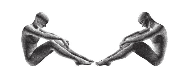 两个男人正坐在地板上，低头思考着一个问题。绝望，抑郁，绝望或上瘾的概念。人的三维模型。3 d矢量插图。图片下载