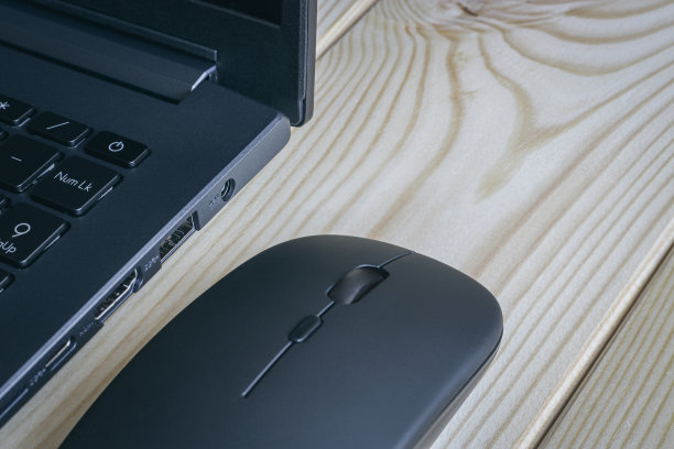 近距离的笔记本电脑和无线鼠标在轻木表面。图片下载