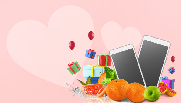 网上购物在手机和送货购物食品订购在爱的概念在红色背景，复制空间，数字横幅- 3d渲染图片下载