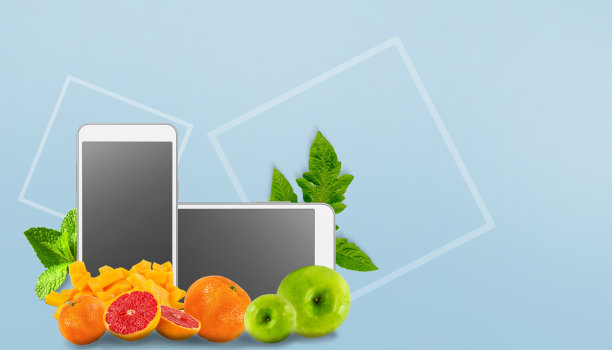 网上购物在手机和食品订购网上应用和成功的概念上的蓝色，复制空间，数字，横幅- 3d渲染图片下载