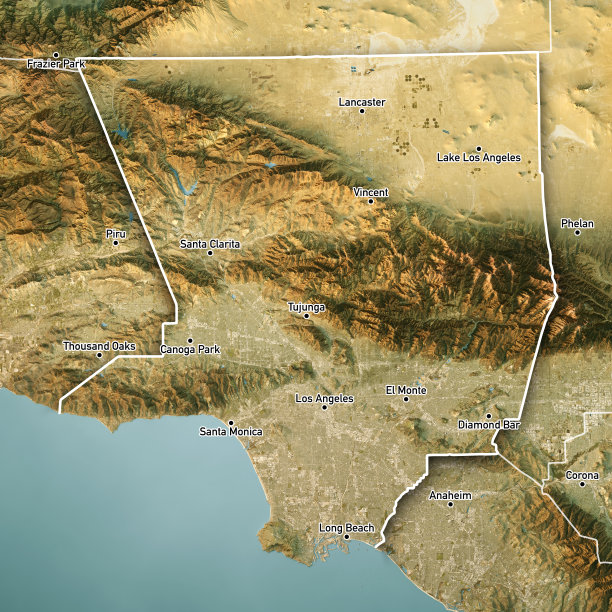 洛杉矶县地形图3D渲染卫星视图边境城市图片下载