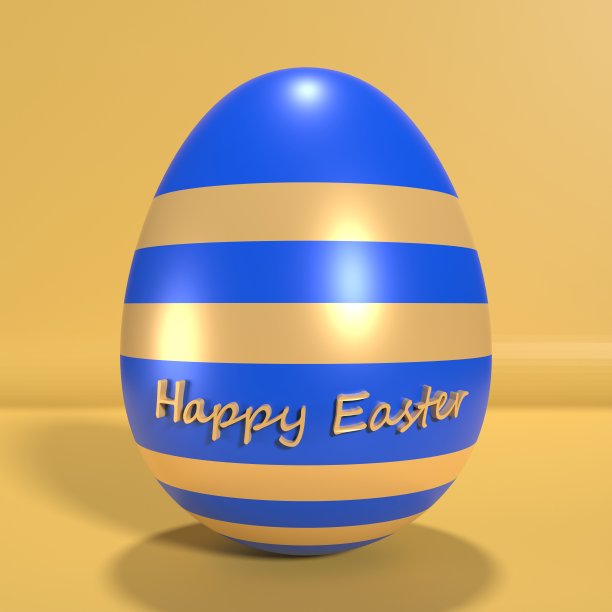 孤立的单个现实的3D鸡蛋站在黄色背景与快乐的复活节文本中间图片下载