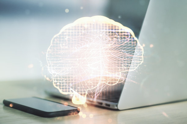 以现代计算机为背景，以人脑为草图的创造性人工智能概念。双重曝光图片下载