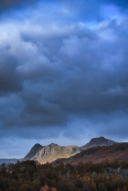 壮丽的风景图片，从湖区的霍尔姆瀑布眺望兰代尔派克的秋天夕阳图片下载