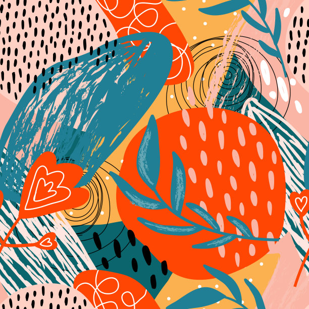 抽象的无缝的背景。亮点，圆点，纹理，线条，垃圾，植物枝叶，各种形状。现代的拼凑。矢量平面插图设计纺织品，印刷，墙纸图片下载