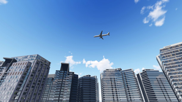 商业建筑上面的飞机，3d插图图片下载