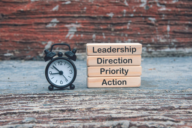 木块文本与闹钟的直接视图-领导，方向，优先级，行动。企业管理的概念图片下载