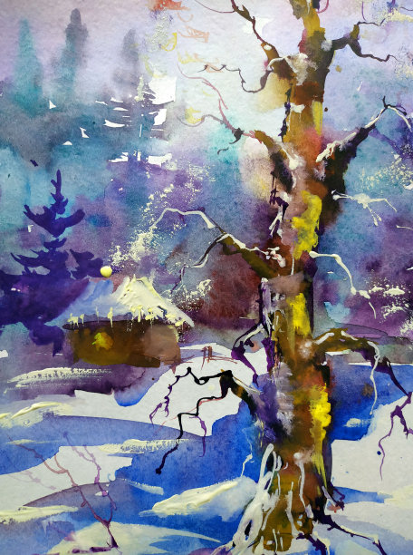 水彩彩色明亮纹理抽象背景手工制作。乌克兰。景观。乡村建筑和植被的绘画图片下载