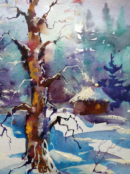 水彩彩色明亮纹理抽象背景手工制作。乌克兰。景观。乡村建筑和植被的绘画图片下载