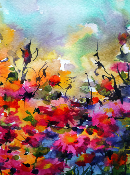 水彩彩色明亮纹理抽象背景手工制作。乌克兰。景观。乡村建筑和植被的绘画图片下载