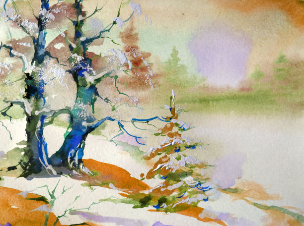 水彩彩色明亮纹理抽象背景手工制作。乌克兰。景观。乡村建筑和植被的绘画图片下载