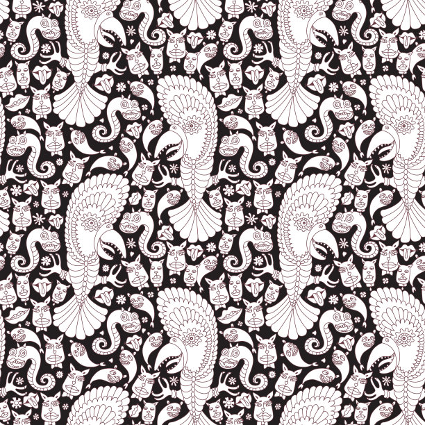 猫，狗脸，鹦鹉，蛇，嘴唇，微笑的怪物。为成人和儿童涂色书页无缝模式，嬉皮印刷在黑色背景图片下载