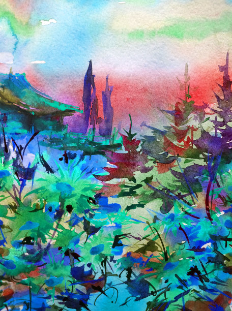 水彩彩色明亮纹理抽象背景手工制作。乌克兰。景观。乡村建筑和植被的绘画图片下载