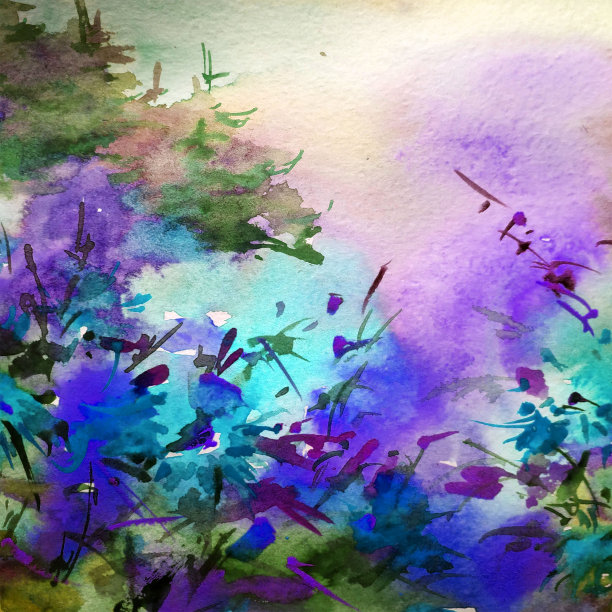 水彩彩色明亮纹理抽象背景手工制作。乌克兰。景观。乡村建筑和植被的绘画图片下载