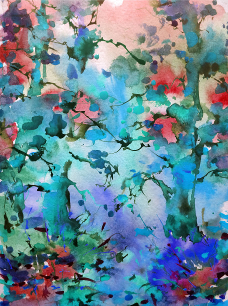 水彩彩色明亮纹理抽象背景手工制作。乌克兰。景观。乡村建筑和植被的绘画图片下载