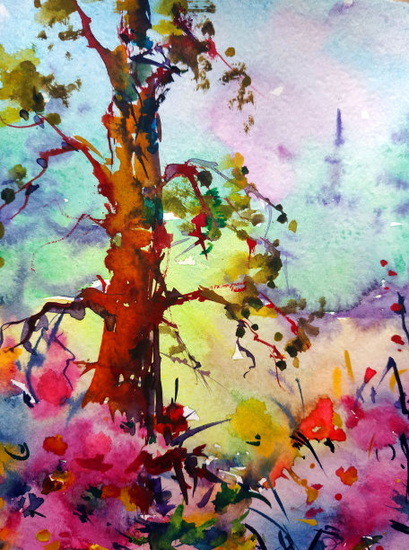 水彩彩色明亮纹理抽象背景手工制作。乌克兰。景观。乡村建筑和植被的绘画图片下载