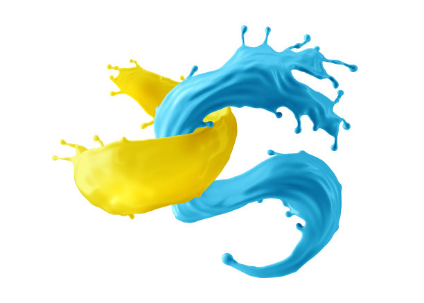 3d渲染，抽象的蓝色和黄色油漆剪辑艺术孤立在白色背景上。扭曲的水花喷射，液体飞溅交织在一起图片下载