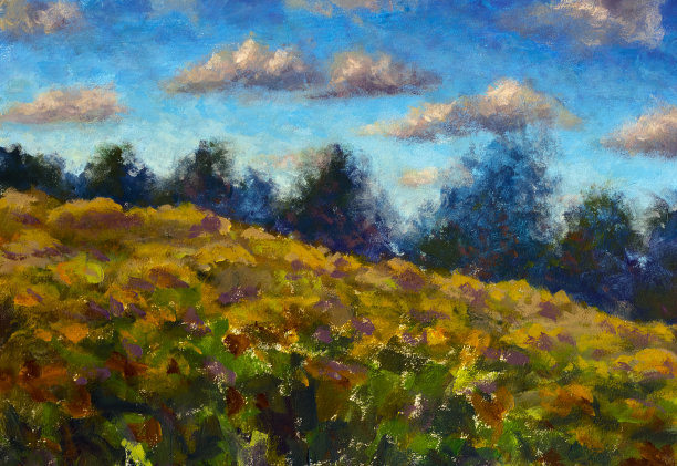 油画秋日棕地，森林前，蓝天白云的艺术背景图片下载