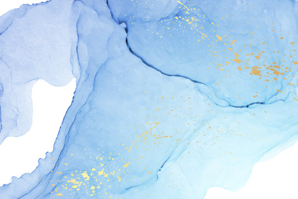 水彩背景与抽象的蓝色墨波和金色飞溅。图片下载