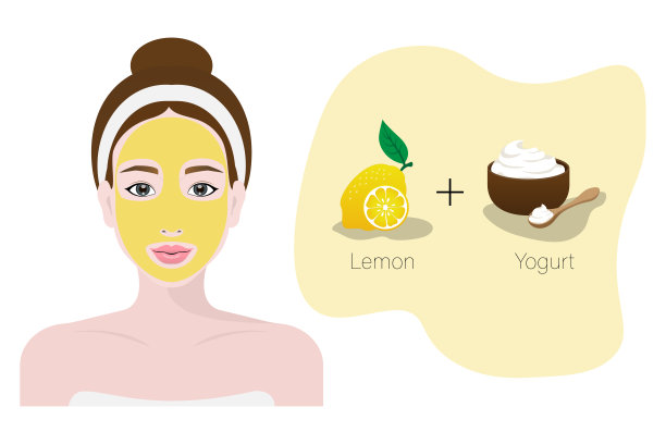 具有天然面膜，面部护理，化妆品，柠檬和酸奶的女性图片下载